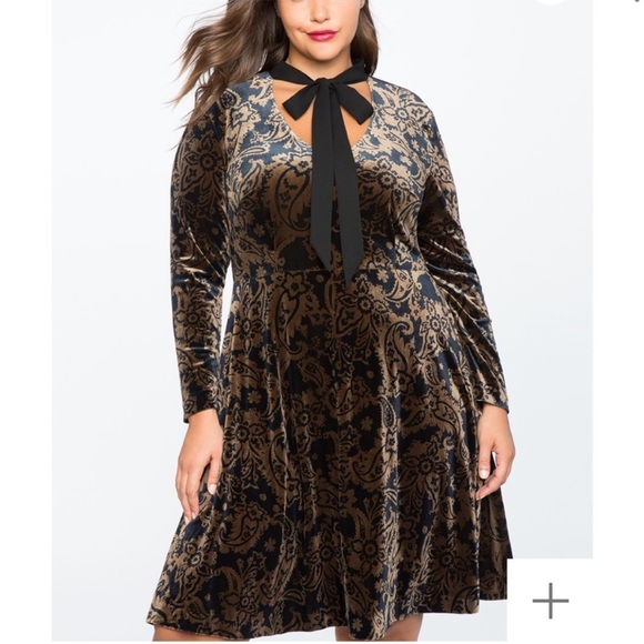 NWOT Eloquii Velvet Fit and Flare Dress with Necktie - Picture 2 of 4